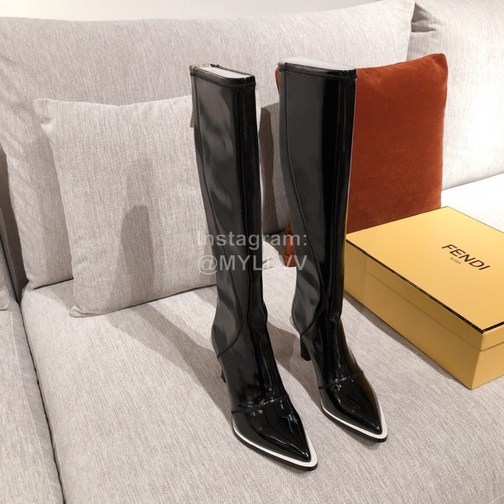 Fendi Autumn Winter New Black Patent Leather Pointed Long Boots For Women 