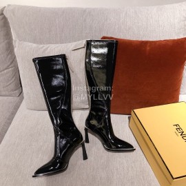 Fendi Autumn Winter New Black Patent Leather Pointed Long Boots For Women 