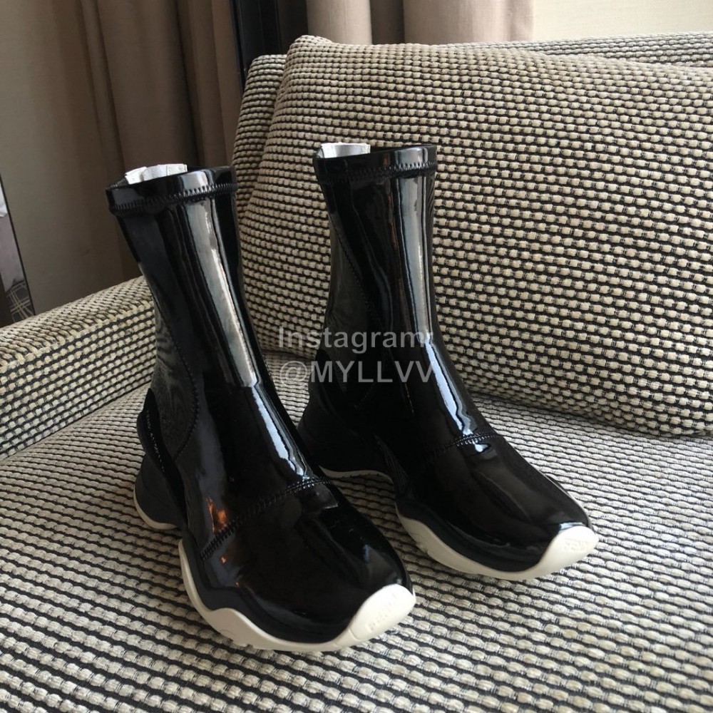 Fendi Fashion Patent Leather Thick Soled Short Boots For Women Black