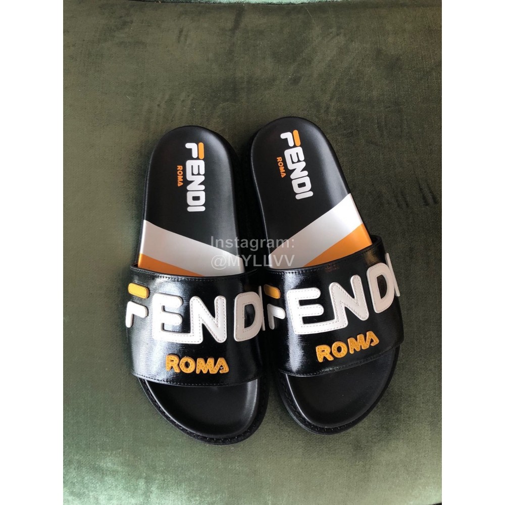 Fendi Fashion Letter Printed Leather Slippers For Women Black