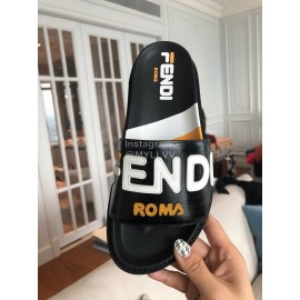 Fendi Fashion Letter Printed Leather Slippers For Women Black