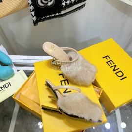 Fendi Collection First Rabbit Hair High Heeled Slippers Beige