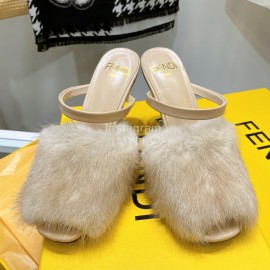 Fendi Collection First Rabbit Hair High Heeled Slippers Beige