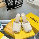 Fendi Collection First Rabbit Hair High Heeled Slippers White