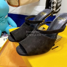 Fendi Collection First Cowhide High Heeled Slippers Coffee