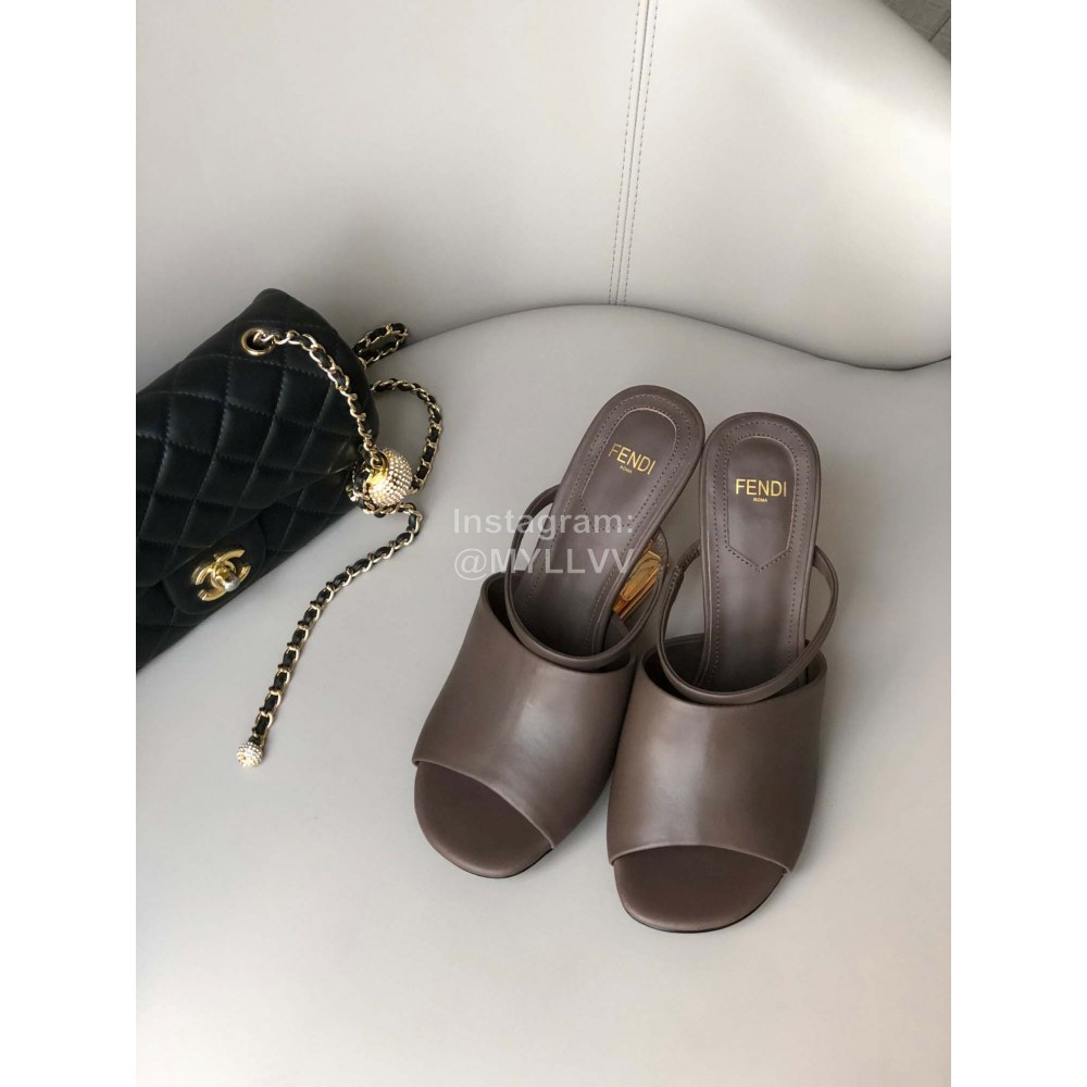 Fendi First Cowhide High Heeled Slippers For Women Coffee