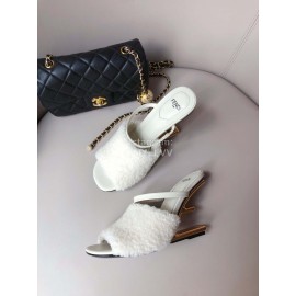 Fendi First Cowhide Wool High Heeled Slippers For Women White