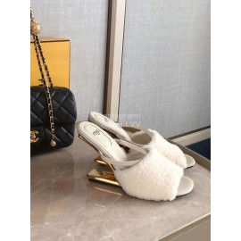 Fendi First Cowhide Wool High Heeled Slippers For Women White