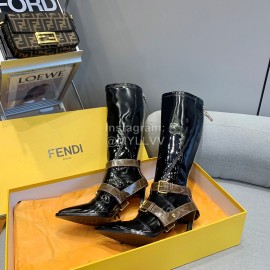 Fendi Patent Leather High Heeled Long Boots For Women Black