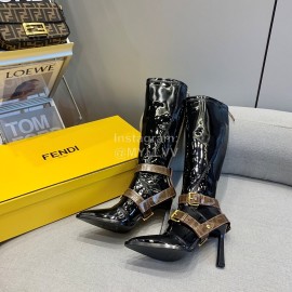 Fendi Patent Leather High Heeled Long Boots For Women Black