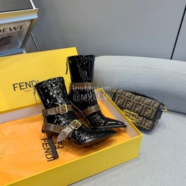 Fendi Patent Leather High Heeled Short Boots For Women Black