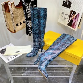 Fendi Python Leather High Heeled Long Boots For Women Blue