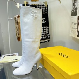 Fendi Python Leather High Heeled Long Boots For Women White