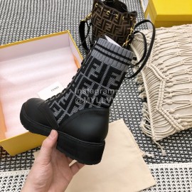 Fendi Autumn And Winter Leather Lace Up Boots For Women Gray