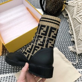 Fendi Autumn And Winter Leather Lace Up Boots For Women Beige