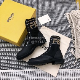 Fendi Autumn And Winter Leather Lace Up Boots For Women Black