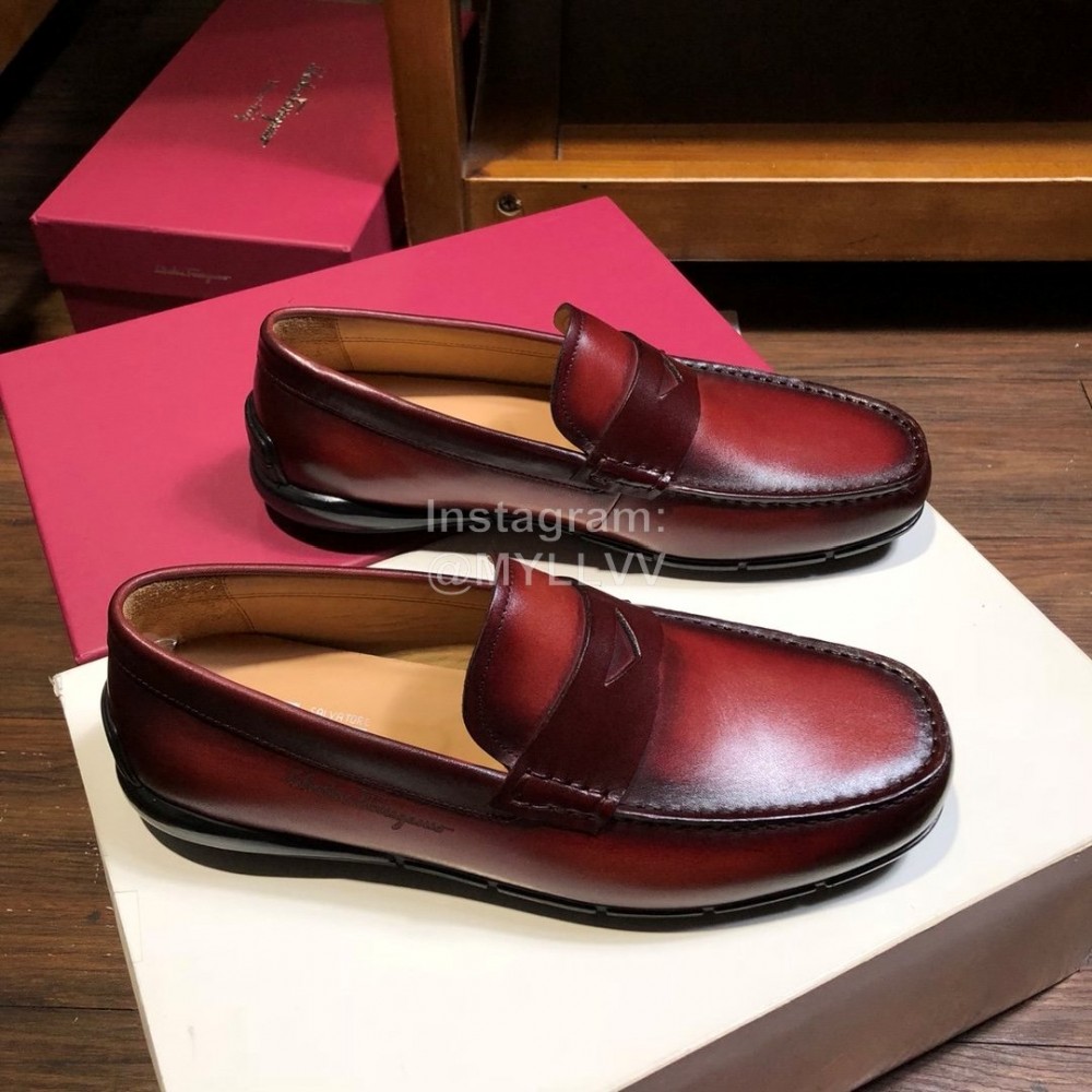 Ferragamo Calf Leather Business Shoes For Men Reddish Brown