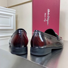 Ferragamo Cowhide Gancini Buckle Shoes For Men Reddish Brown