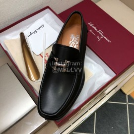 Ferragamo Black Oil Waxed Calf Leather Gancini Buckle Shoes For Men