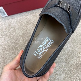 Ferragamo Black Calf Leather Metal Buckle Business Loafers For Men 