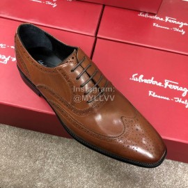 Ferragamo Brown Calf Leather Lace Up Business Shoes For Men