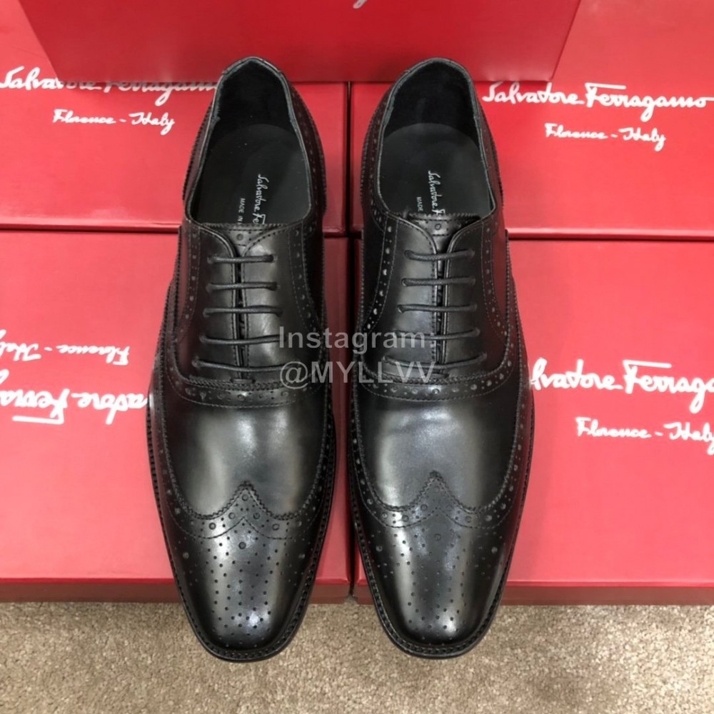 Ferragamo Calf Leather Lace Up Business Shoes Black For Men