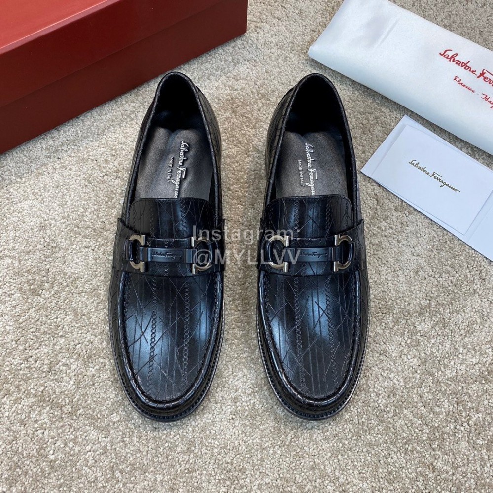 Ferragamo Calf Leather Gancini Buckle Business Shoes For Men Black