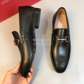 Ferragamo Black Calf Leather Gancini Buckle Business Shoes For Men 