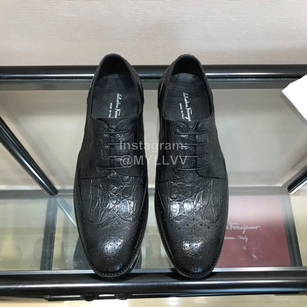 Ferragamo Black Calf Leather Casual Business Shoes For Men 