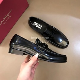 Ferragamo Calf Leather Gancini Buckle Shoes Black For Men 