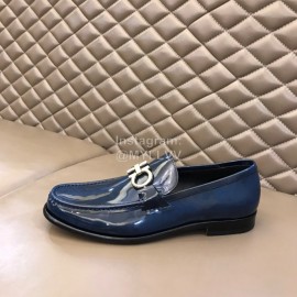 Ferragamo Calf Leather Gancini Buckle Shoes For Men Blue