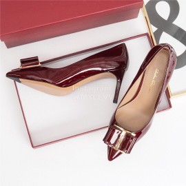 Salvatore Ferragamo Fashion Patent Leather Bow Pointed High Heels For Women Wine Red