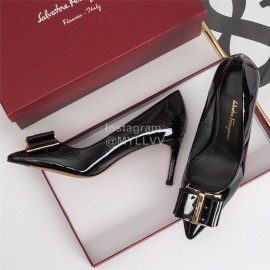 Salvatore Ferragamo Fashion Patent Leather Bow Pointed High Heels For Women Black