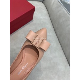 Salvatore Ferragamo Fashion Leather Bow Pointed Thick High Heels For Women Pink