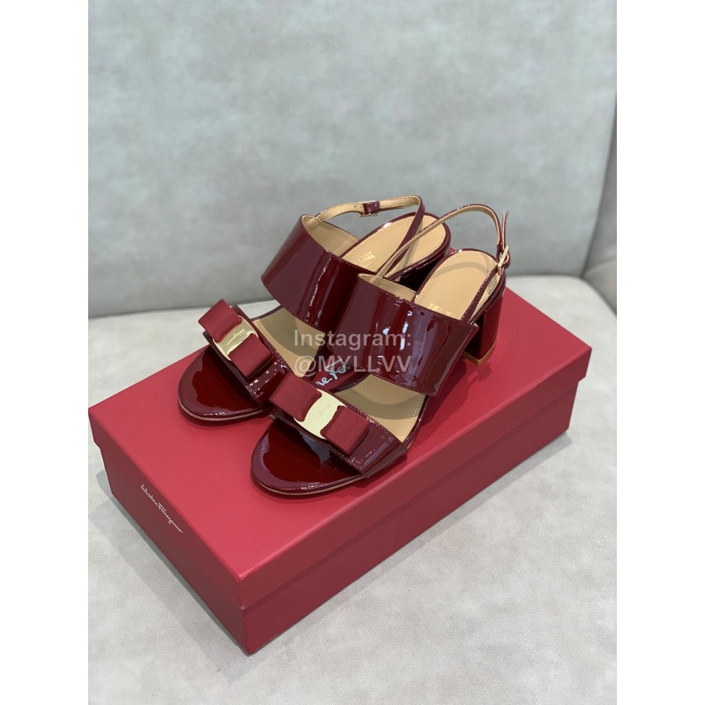 Salvatore Ferragamo Soft Patent Leather Bow Sandals For Women Wine Red