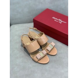 Salvatore Ferragamo Soft Patent Leather Bow Sandals For Women Khaki