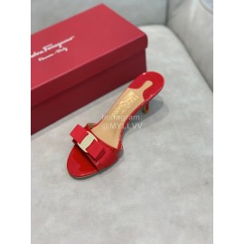 Salvatore Ferragamo New Patent Leather Bow High Heel Slippers For Women Red
