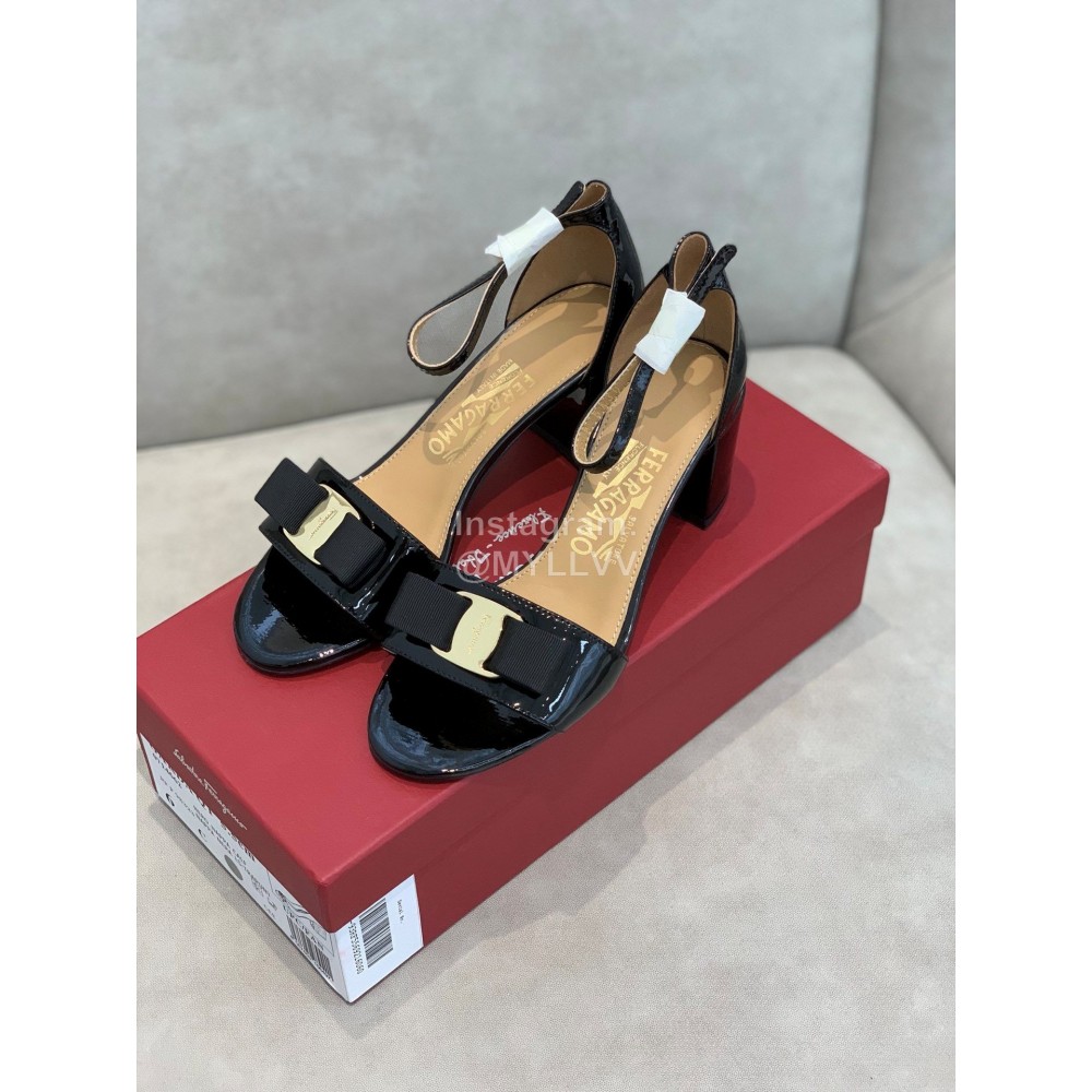 Salvatore Ferragamo New Patent Leather Bow High Heel Sandals For Women Black
