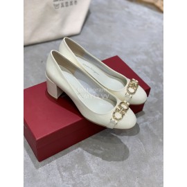 Salvatore Ferragamo New Round Head Gold Button Thick Heel Shoes For Women White