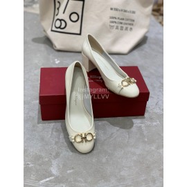 Salvatore Ferragamo New Round Head Gold Button Thick Heel Shoes For Women White