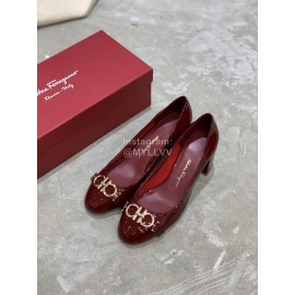 Salvatore Ferragamo New Round Head Gold Button Thick Heel Shoes For Women Wine Red