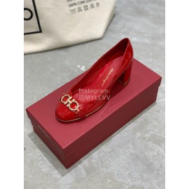 Salvatore Ferragamo New Round Head Gold Button Thick Heel Shoes For Women Red