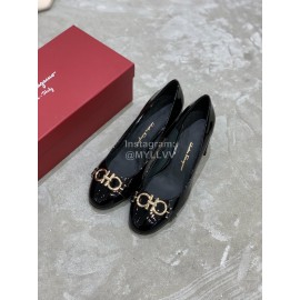 Salvatore Ferragamo New Round Head Gold Button Thick Heel Shoes For Women Black