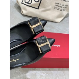 Salvatore Ferragamo New Leather Bow Pointed High Heels For Women Black