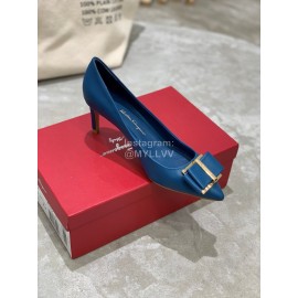 Salvatore Ferragamo New Leather Bow Pointed High Heels For Women Blue