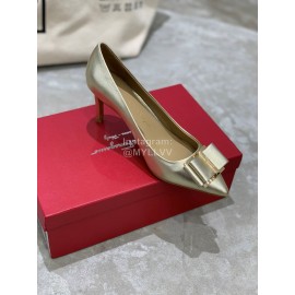 Salvatore Ferragamo New Leather Bow Pointed High Heels For Women Silver