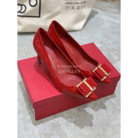 Salvatore Ferragamo New Patent Leather Bow Pointed High Heels For Women Red
