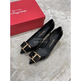 Salvatore Ferragamo New Patent Leather Bow Pointed High Heels For Women Black