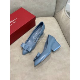 Salvatore Ferragamo Fashion Sheepskin Bow High Heel Shoes For Women Blue