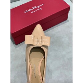 Salvatore Ferragamo Fashion Patent Leather Bow Shoes For Women Khaki